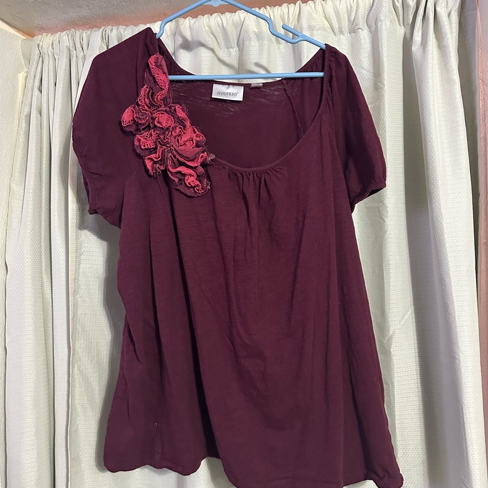 Avenue Burgundy Blouse with Floral Accent